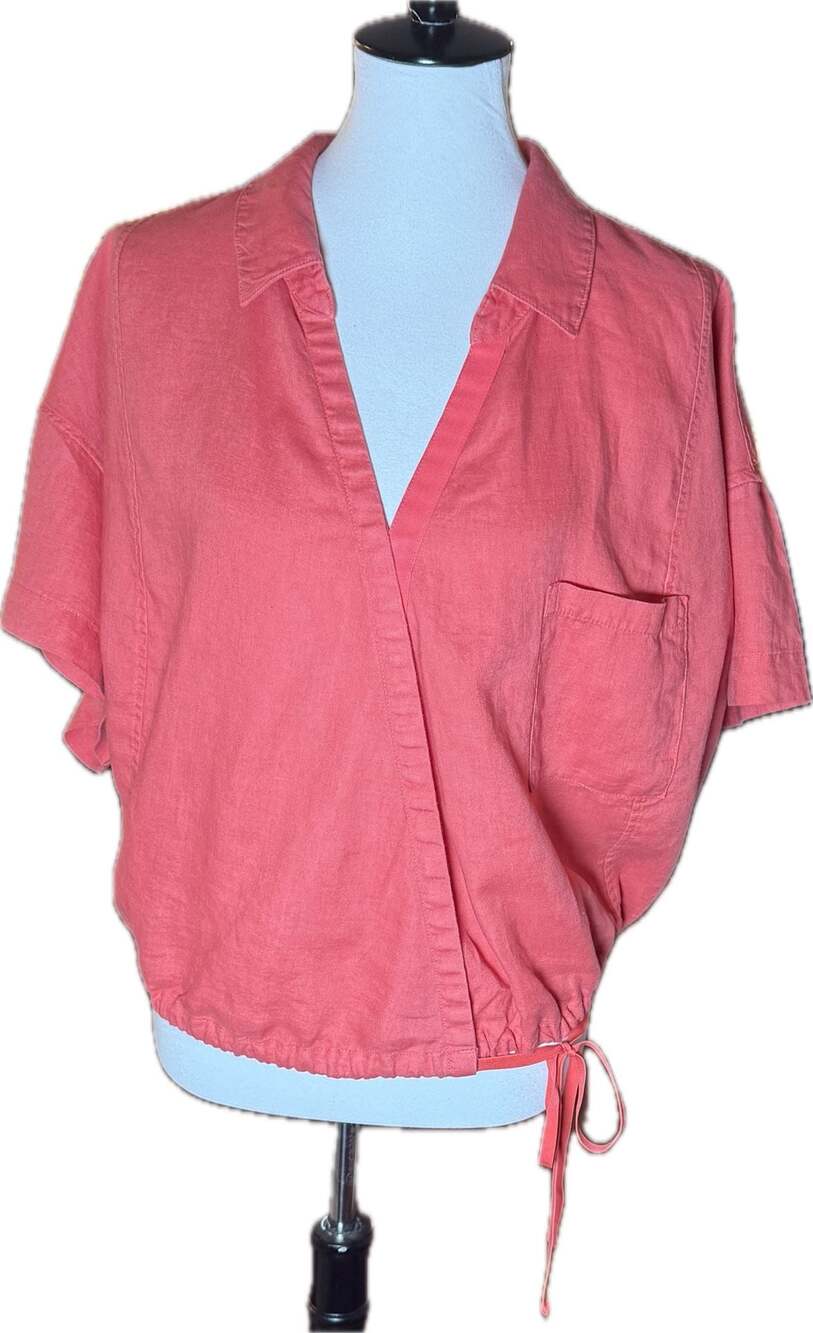 Athleta Playa Linen Short Sleeve Tie Hem Wrap Top Coral 3X - Picture 2 of 7